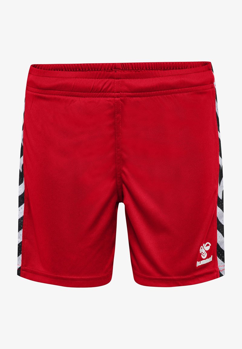 Rote Sportshorts aus glattem, leichtem Material mit schwarzen und weißen Seitenstreifen sowie einem Logo auf der unteren rechten Vorderseite.