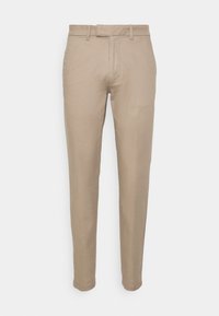 Beige bomullsbyxor med rak bendesign, med dragkedja och bälteöglor. Slät textur, minimala detaljer och ankellång nederkant.