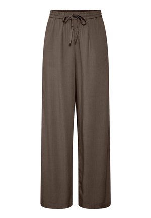 Pantalon large marron avec taille élastique et cordon de serrage noué, en tissu léger.