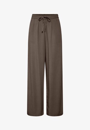 Bruine broek met wijde pijpen, elastische tailleband en gebonden koordsluiting, gemaakt van lichtgewicht stof.