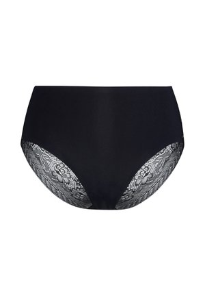 Zwarte hoog-Taille ondergoed met kantafwerking aan de zijkanten, voorzien van bloemmotieven en een gladde afwerking aan de voorkant.