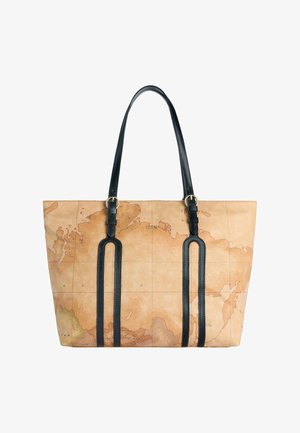 Borsa a tracolla con stampa mappa in tonalità marrone chiaro e scuro, con cinturini e dettagli in pelle nera. Texture liscia con dettagli in metallo dorato.