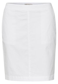 Jupe en coton blanc au design droit, longueur genoux, avec une texture lisse et une finition d'ourlet subtile. Pas de motifs ni d'accents visibles.
