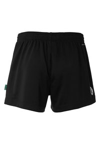 Zwarte sportieve shorts met een elastische tailleband, gemaakt van lichte stof. Bevat een klein logo aan de zijkant en een groene label.