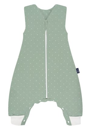 Grüner Schlafanzug mit Reißverschluss vorne, gepunktetem Muster aus weißen Sternen und Monden, eng anliegendem Knöchel und breiten Schulterträgern. Aus weichem Baumwollmaterial.