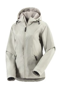 Šviesiai pilkas švarkas su gobtuvu, užtrauktuku ir šoninėmis kišenėmis. Pagamintas iš lygaus, vandeniui atsparaus audinio su elastingomis rankovėmis.