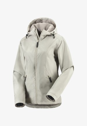 Giacca grigia chiaro con cappuccio, chiusura con zip e tasche laterali. Realizzata in tessuto liscio e resistente all'acqua, con polsini elasticizzati.