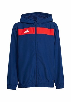 Marineblauer Reißverschluss-Hoodie mit einem roten horizontalen Streifen und dem weißen Adidas-Logo auf der Brust. Mit elastischen Bündchen und weichem Stoffgefühl.