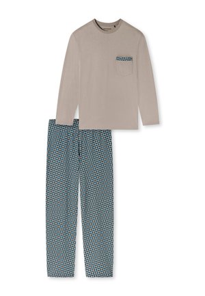 Helles beige langärmliges Oberteil mit einer Tasche; blaue Pyjamahosen mit geometrischen Mustern. Weicher Stoff, lockere Passform, geeignet als Schlafbekleidung.