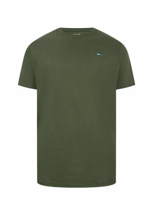 Plain olive green short-sleeve crew neck T-shirt with a small horizontal striped logo on the left chest.