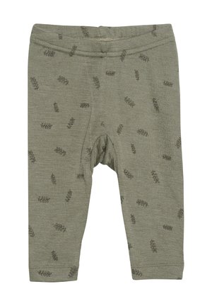 Olivgrüne Leggings aus weichem Stoff mit einem subtilen Blattmuster in dunklerem Grün. Elastischer Bund und enger Sitz.