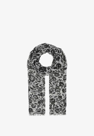 Black and gray leopard print scarf made of lightweight fabric, featuring fringed edges and a looped design for versatile styling.