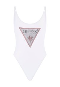 Maillot de bain une pièce blanc avec des bretelles fines, décoré d'un design triangulaire texturé orné de strass argentés et rouges et d'un motif de palmier.