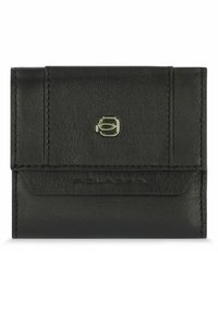 Portafoglio in pelle nera con superficie texturizzata, dotato di un logo dorato sul fronte e di un design minimalista, chiuso con un flap.