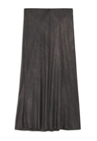 Jupe longue gris foncé fabriquée dans un tissu lisse et fluide. Présente un léger éclat et des fentes sur les côtés pour un mouvement supplémentaire.