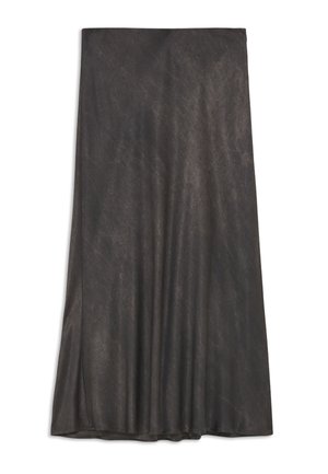 Langer, dunkelgrauer Rock aus einem glatten, fließenden Stoff. Verfügt über einen subtilen Glanz und seitliche Schlitze für zusätzliche Bewegungsfreiheit.