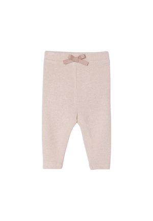 Light pink children's leggings made of soft fabric, featuring a ruffled waistband and a decorative bow at the front.