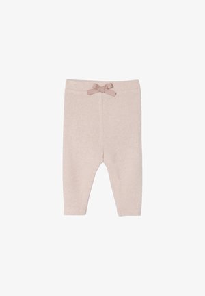 Light pink children's leggings made of soft fabric, featuring a ruffled waistband and a decorative bow at the front.