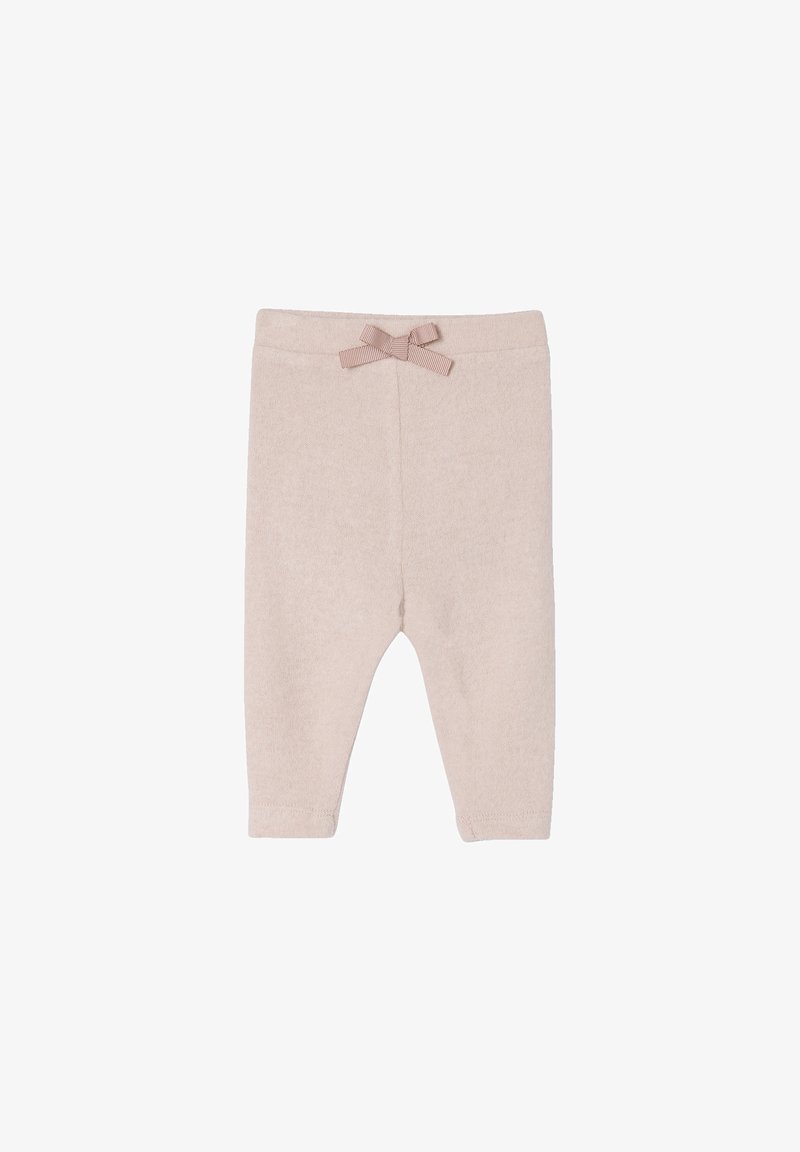 Light pink children's leggings made of soft fabric, featuring a ruffled waistband and a decorative bow at the front.