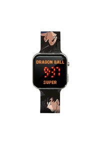 Orologio digitale con cinturino nero che presenta grafiche colorate dei personaggi di "Dragon Ball Super". Display LED rosso per ora e testo.