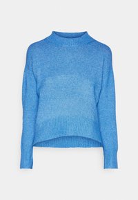 Blauer Strickpullover mit Stehkragen, herabgesetzten Schultern und gerippten Bündchen und Saum. Die Textur hat ein weiches, meliertes Aussehen.