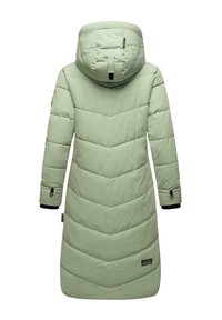 Light green padded coat with a hood, featuring a chevron design, elastic cuffs, and a logo patch on the lower side.