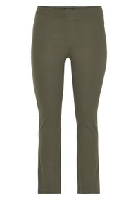 Olivové zelené slim-fit nohavice vyrobené z elastickej tkaniny. Obsahujú štandardný pás, predné vrecká a hladkú textúru.