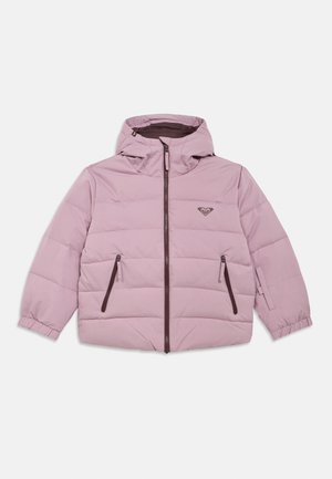 Opgeblazen roze jack met een rits aan de voorkant, capuchon en elastische manchetten. Voorzien van bruine ritssluitingzakken en een bruin logo-embleem op de borst.