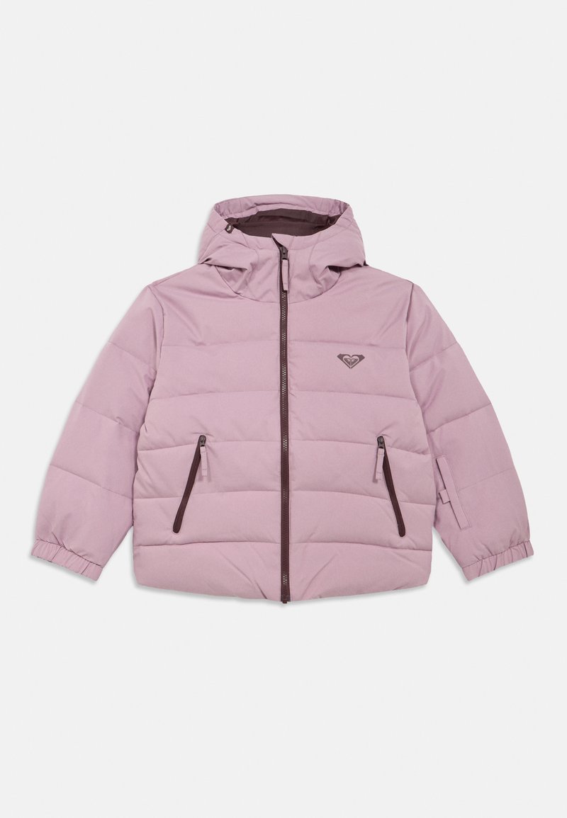 Luftig rosa jakke med glidelåslukking foran, hette og elastiske mansjetter. Har brune glidelåslommer og en brun logoemblem på brystet.