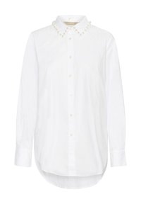 Camicetta bianca con colletto decorato con perle, maniche lunghe e orlo posteriore leggermente allungato per un fit rilassato.