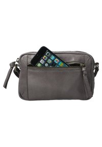 Gray leather crossbody bag with a zippered front pocket, featuring a smartphone partially visible inside. Textured surface and slim design.