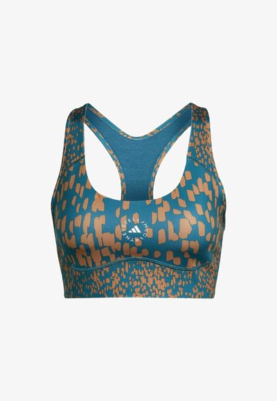 Teal krāsas sporta krūšturis ar brūnu abstraktu rakstu. Iespējojies ar sacensību aizmuguri, mīkstu audumu un logo, kas izdrukāts centrā.