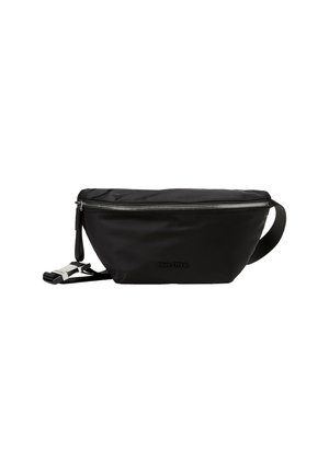 Black nylon crossbody bag with a smooth texture, zippered top, adjustable strap, and embossed logo on the side. Compact and streamlined design.