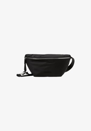Schwarze Nylon-Crossbody-Tasche mit glatter Textur, Reißverschluss oben, verstellbarem Riemen und eingeprägtem Logo an der Seite. Kompaktes und elegantes Design.