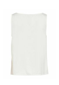 Blouse blanche sans manches avec un col rond et un ourlet droit, vue de dos sur un fond uni.