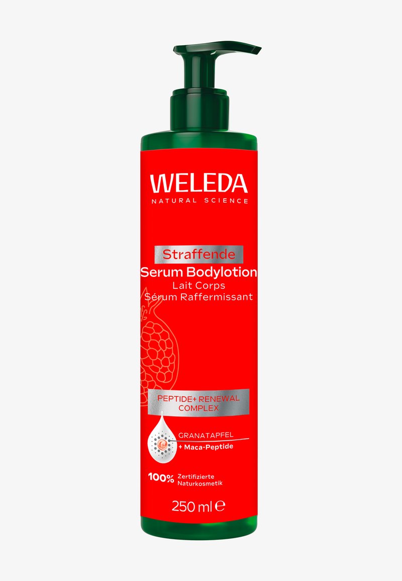 La lozione corpo in siero Weleda in una bottiglia verde da 250ml con pompa, caratterizzata da un'etichetta rossa con dettagli argentati, che fornisce ingredienti e informazioni sul prodotto.