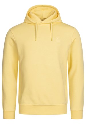 Gul hoodie lavet af bomuldsblanding, med snoretræk i hætten, ribbede manchetter og et lille logo på brystet. Blød tekstur og afslappet design.