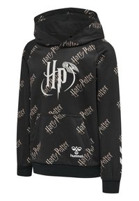 Felpa nera con stampa all-over di "Harry Potter" in oro e argento. Include una tasca a marsupio frontale e polsini a righe.