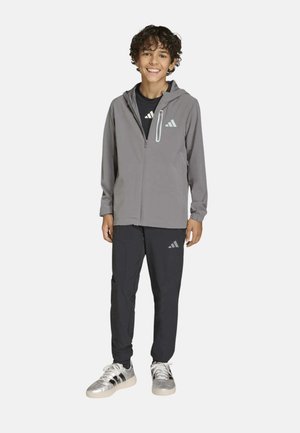Niño de pie y sonriendo, lleva una chaqueta con capucha gris, pantalones deportivos negros, camiseta negra y zapatillas plateadas con suelas blancas.