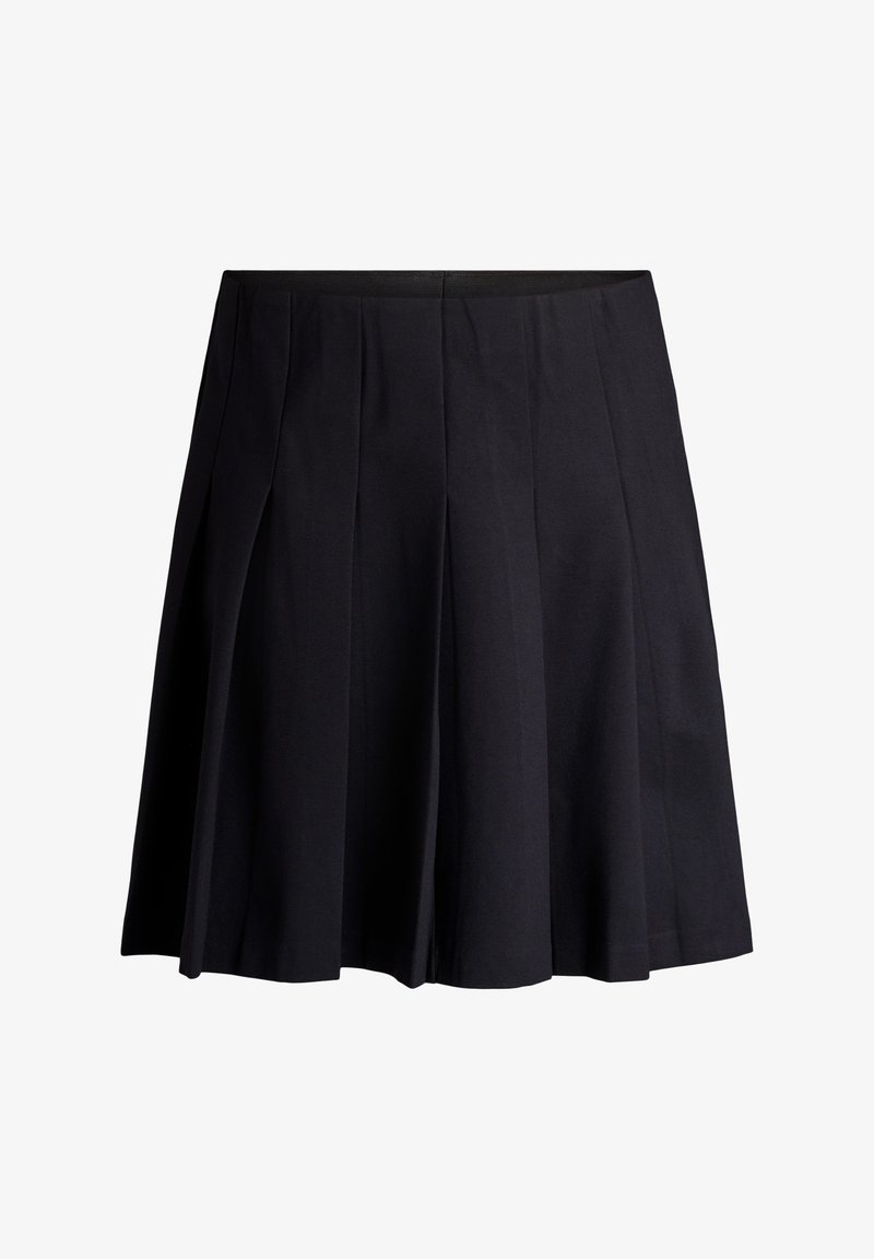 Čierna plisovaná sukňa vyrobená z ľahkej látky; obsahuje hladký pás a rozšírený strih s viacerými vertikálnymi záhybmi.