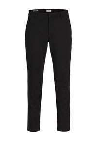 Κολάν στενής γραμμής σε μαύρο χρώμα με θήκες για ζώνη, κουμπί εμπρός και φερμουάρ, παρουσιάζονται σε λευκό φόντο.