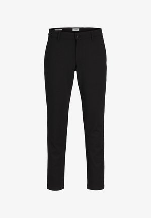 Smaltsiddende sorte bukser med bæltestropper, foran med knap og lynlås, vist mod en hvid baggrund.