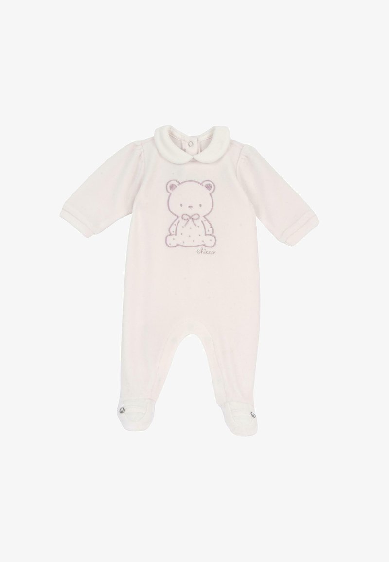 Body bébé blanc doux à manches longues avec pieds, col claudine et une illustration simple d'un ours en peluche sur la poitrine.