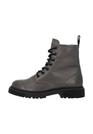 Bottes chelsea en cuir gris avec semelle en caoutchouc noire, à lacets, bout rond et languette à l'arrière. Présente des coutures visibles.