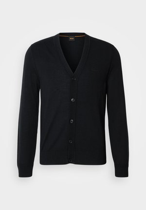 Zwarte gebreide cardigan met een V-hals, knoopsluiting en geribde manchetten en zoom. Subtiel logo-ontwerp op de borst.