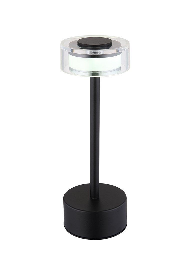 Tischlampe mit einem runden, klaren Acrylschirm, weißem inneren Licht, schwarzem Metallfuß und schlankem schwarzen Ständer. Minimalistisches Design.