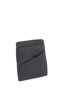 Black leather cardholder with a slim, rectangular design, featuring four angled card slots and visible stitching details.