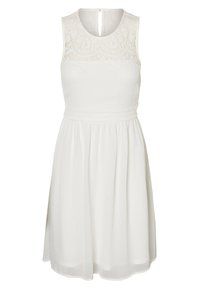 Robe blanche sans manches avec un corsage en dentelle, un col rond et un dos avec une ouverture en trou de serrure. La taille est soulignée par une ceinture et la jupe s'écoule doucement.