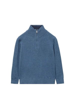 Maglione blu a maniche lunghe con colletto alto a costine e una breve cerniera frontale.