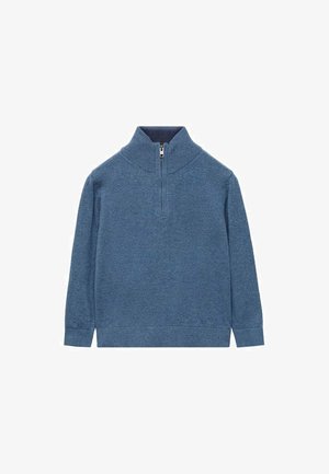 Blauer Langarmpullover mit hohem Rippenkragen und kurzem Frontreißverschluss.